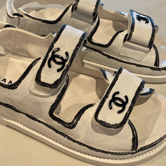 CHANEL Printed Calfskin Velcro Dad Sandals 37 White Black - Picture 7 of 9